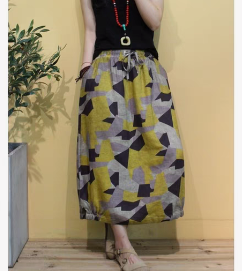 复古几何图形花苞裙 面料是90%苎麻加10...