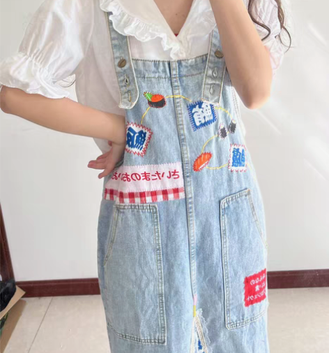 包邮日系古着remake自制背带裙 改造v...