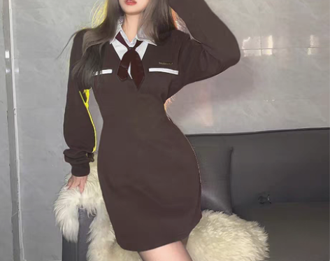 转卖港味少女学院风假两件POLO领长袖连衣...
