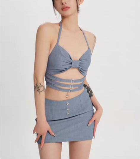 F1os原创设计 牛仔吊带低腰裙套装蓝色短...