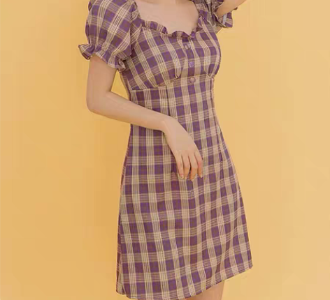 包邮2022法式温柔风复古紫色收腰显瘦新款...