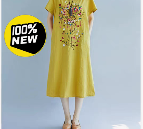 包邮纯棉刺绣旅游棉麻复古妈妈裙子民族风大码...