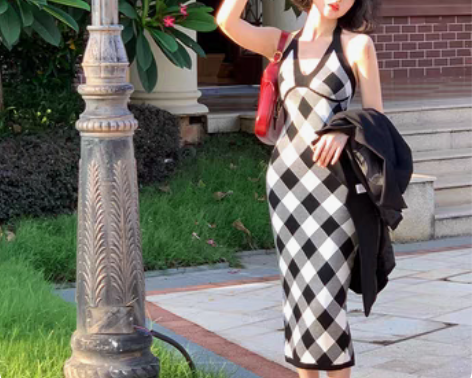 转卖酒午自制港风复古春夏挂脖打底针织裙中长...