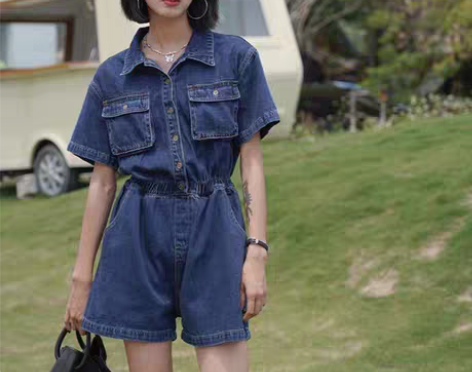转卖牛仔连体裤女夏季爆款套装女单排扣口袋连...