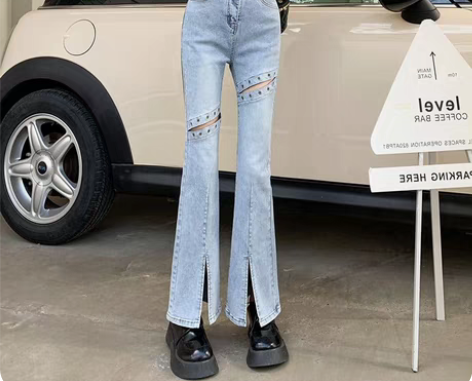 开叉微喇牛仔裤女春秋季2023新款高腰垂感...