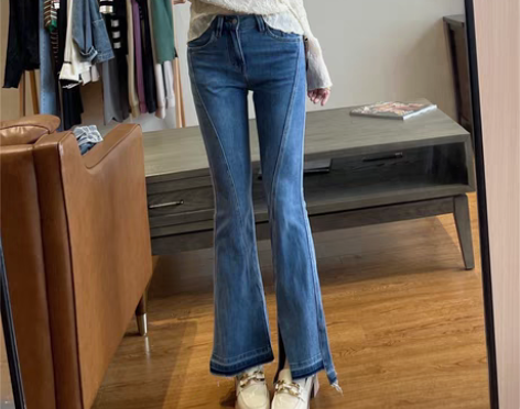 转卖超修饰腿型脚口撕边显瘦撞色喇叭裤高腰显...