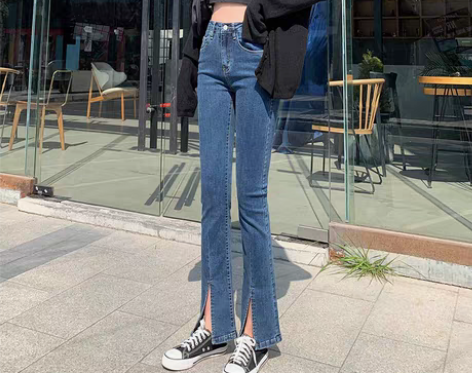 转卖微喇开叉牛仔裤女2021春季新款高腰修...