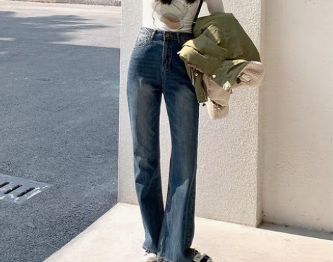 转卖布琳家美式复古高街高腰阔腿牛仔裤女直筒...