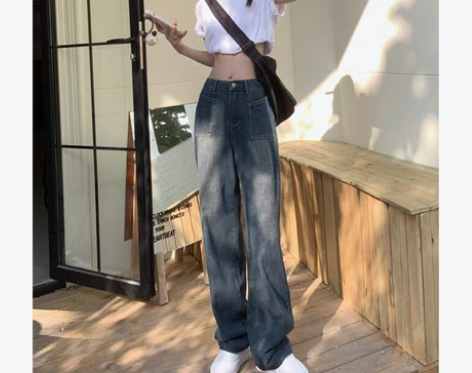 转卖复古蓝阔腿牛仔裤女春夏新款高腰宽松显瘦...