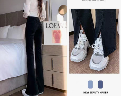 转卖黑色开叉牛仔裤女秋冬季2021年新款高...