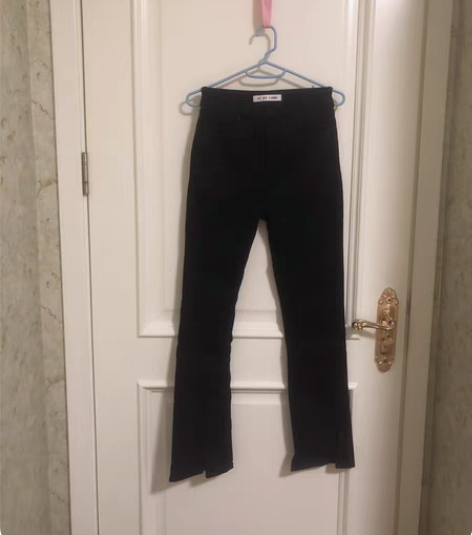 包邮黑色高腰高弹显瘦微喇开衩牛仔裤，复古辣...