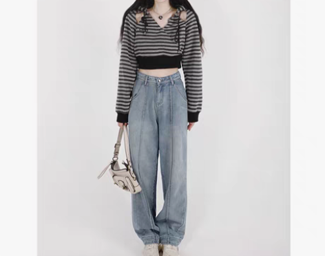 转卖財哥不熬夜阔腿牛仔裤女春季宽松百搭显瘦...