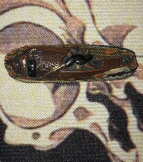 日本鎏金三色铜摆渡图老金工金具包扣财布扣 ...