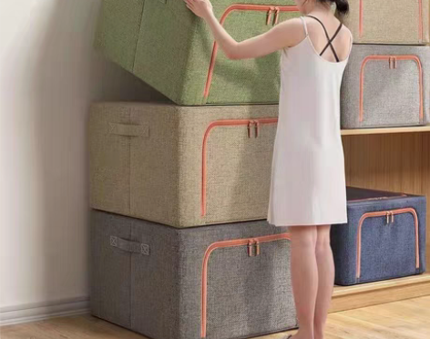 包邮棉麻钢架储物箱被子衣物布艺收纳箱可折叠...