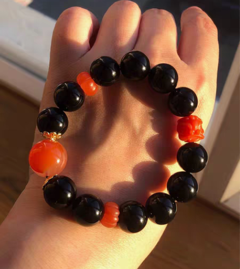 包邮墨玉配南红DIY手串，红与黑经典不衰，...