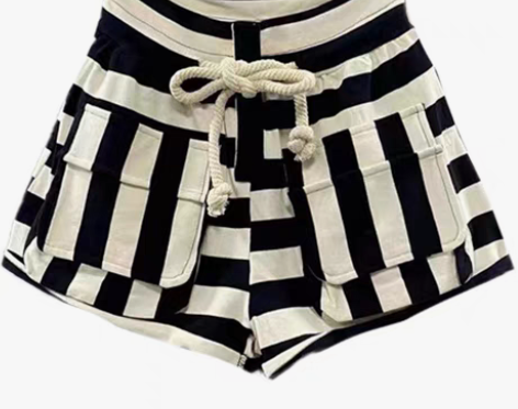 转卖辣妹条纹工装裤子夏季女高腰显瘦设计感小...