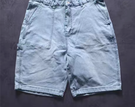 转卖自提 经典工装短裤 重做旧牛仔五分裤弹力磨白浅蓝 多袋复...