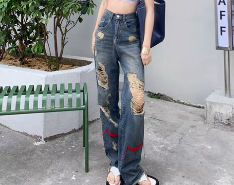 转卖全新仅试穿！NKAZ辣妹新款破洞牛仔裤...