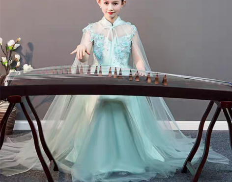 转卖新款儿童古筝服演出服女童绿色衣服古筝二...