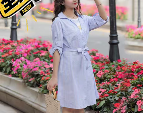 包邮朵以2021春装新款中长款条纹纯色连衣...