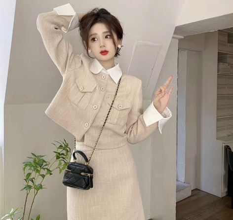 包邮小香风设计感polo领短款长袖外套+半...