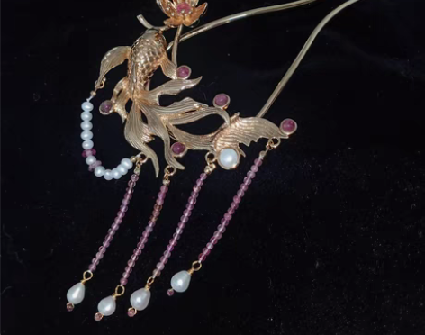 包邮鱼戏莲 荷花锦鲤 汉服头饰 铜保色U型...