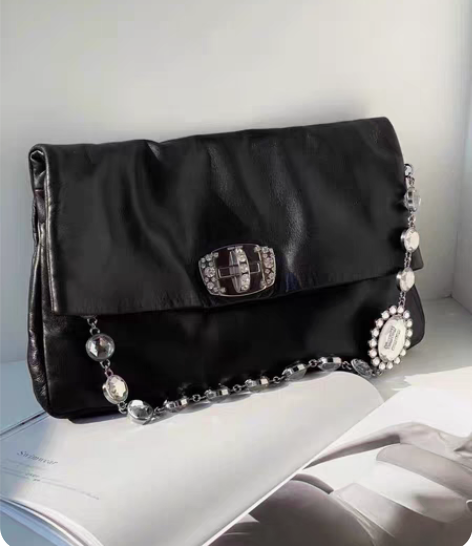 包邮miumiu谬谬宝石包黑色羊皮钻石单肩...