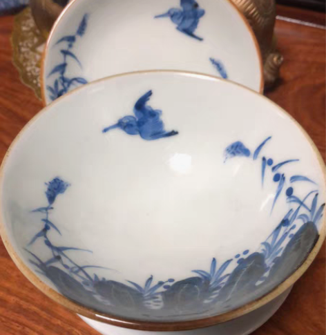 民国青花盖碗茶碗一套，满工青花渔樵耕读贴画...