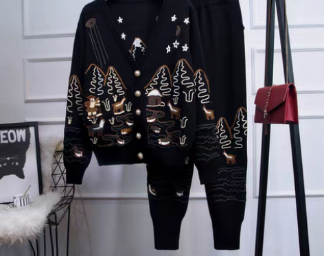 转卖小香风v领针织开衫小脚裤套装女2022...