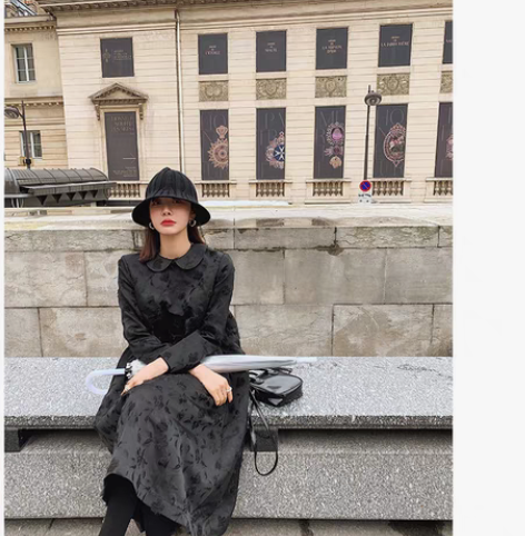 MONA 连衣裙女秋冬赫本风黑色大摆裙提花...