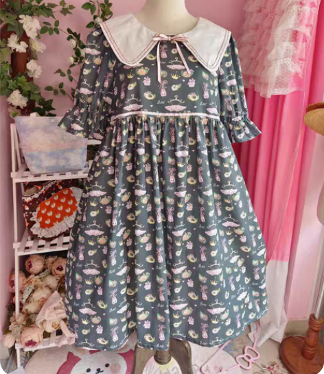 手作均码纯棉复古昭和风可爱泡泡袖连衣裙 仔...