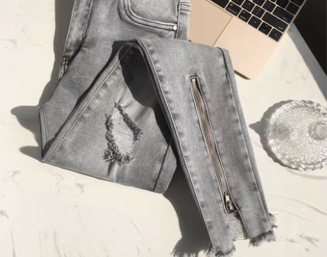 转卖烟灰色破洞牛仔裤女2022年新款高腰显...