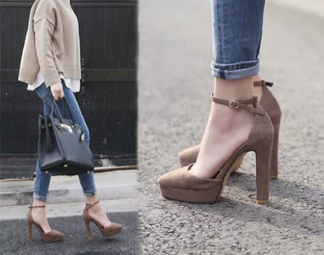 一字扣防水台高跟鞋女新款尖头百搭模特裸色高...