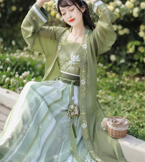 宋制汉服女春夏中国风齐腰百迭裙绿色仙气飘逸...