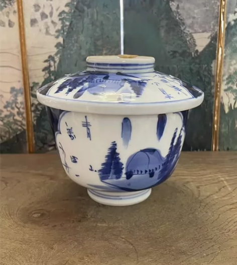 日本回流 老柴烧手绘青花碗 盖碗 有修缮瑕...