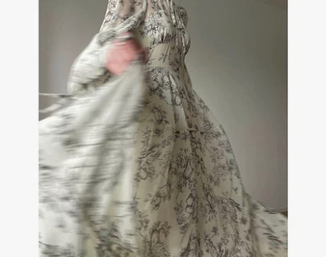 法式连衣裙雪纺收腰设计感印花a字大裙摆长裙...