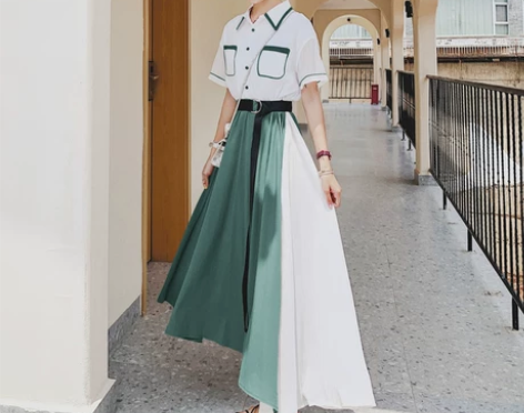 绿色法式假两件连衣裙女夏季2021新款a字...