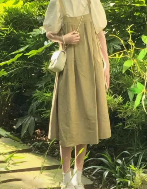 学院风韩版甜美泡泡袖少女两件套连衣裙小个子...