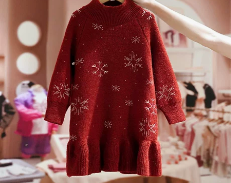 拉夏贝尔童装女童红色长款毛衣裙春秋冬季20...