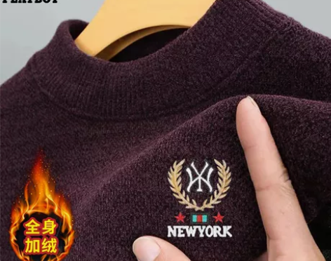 花花公子加绒加厚男士圆领毛衣保暖长袖纯色雪...