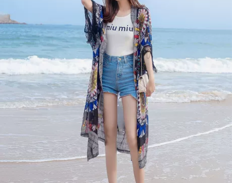 民族风宽松中长款海边印花雪纺开衫大码沙滩防...