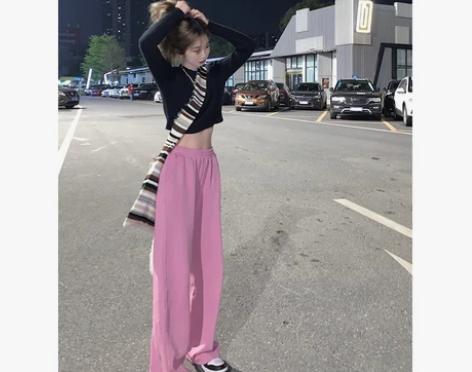 高腰休闲运动裤女2022春秋新款粉色宽松卫...