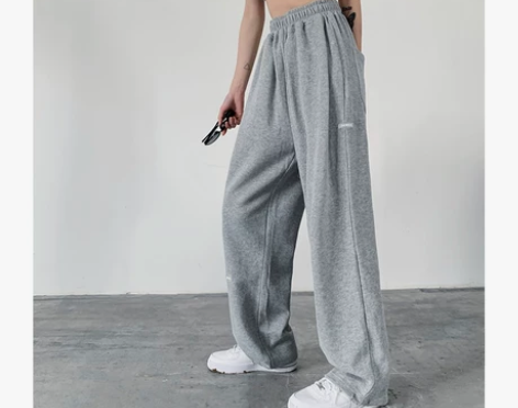 何以沫灰色运动裤女裤子高腰束脚裤宽松直筒裤...