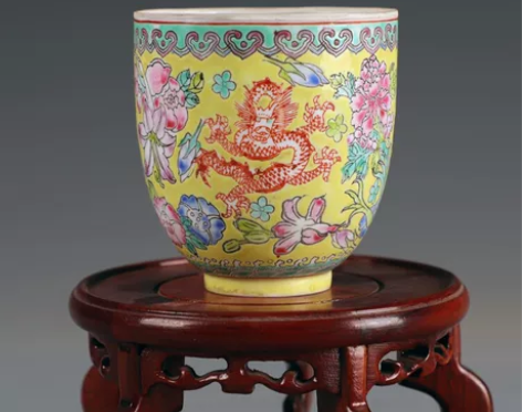 景德镇老厂货瓷器/手绘百花龙腾图薄胎杯（薄...