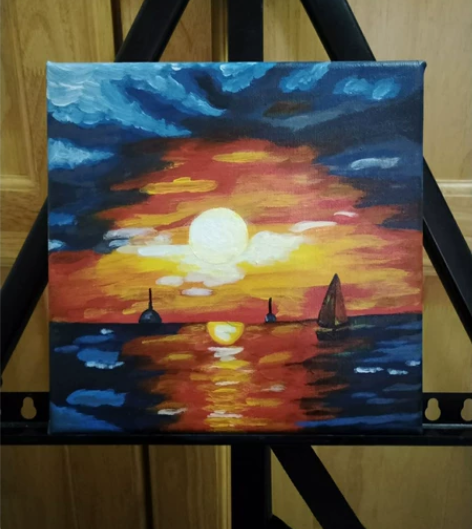 夕阳手绘油画风景画 丙烯颜料画的尺寸:20...