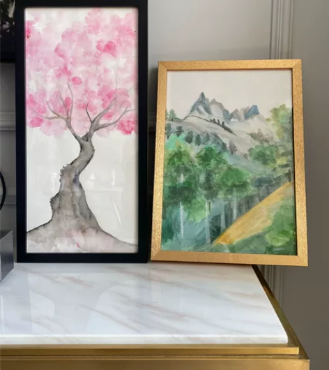 手工水彩画两幅家居装饰画挂画表框画 真画，...