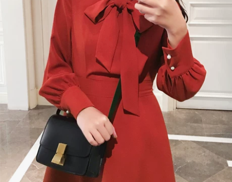 NatureQ定制 秋冬复古朱砂红灯笼袖连...