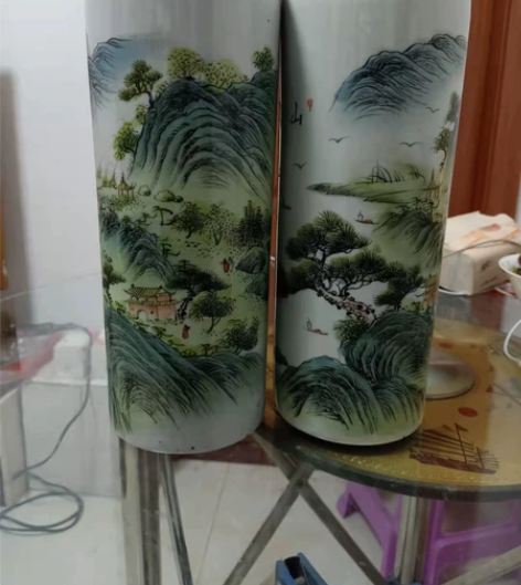 辛酉年制帽筒,手绘山水清晰,带底款,全品无...