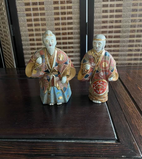 日本九谷烧高砂夫妇摆件 高度21.5/23...