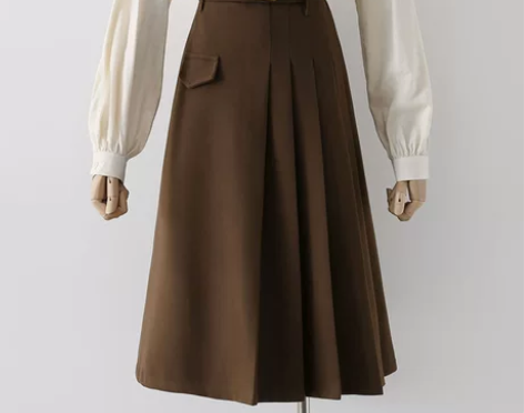 不规则高腰拼接百褶裙色毛呢半身裙女2022...